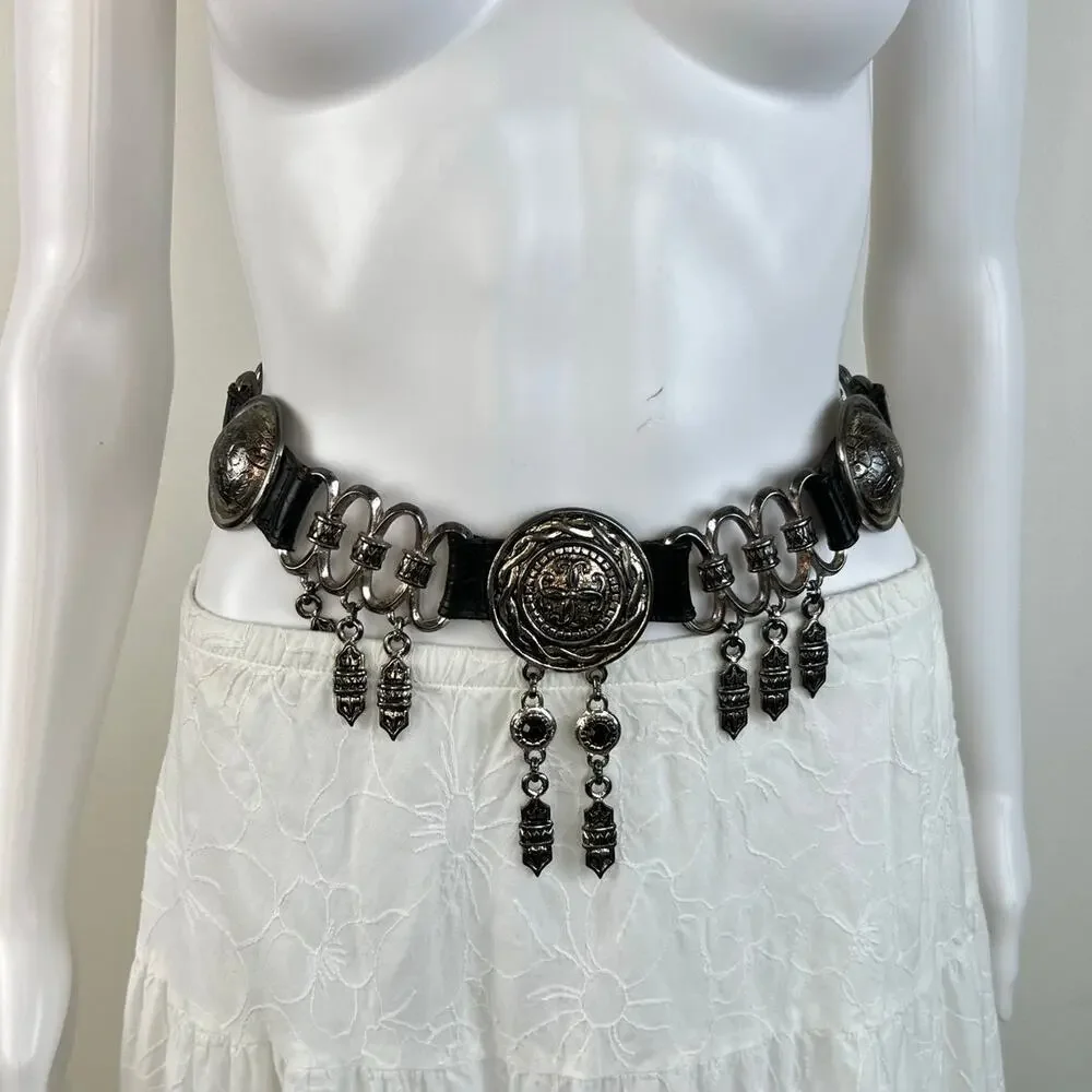 Vintage Women's Black & Silver Tone Medallion Hanging Charm Western Belt (XS/S)